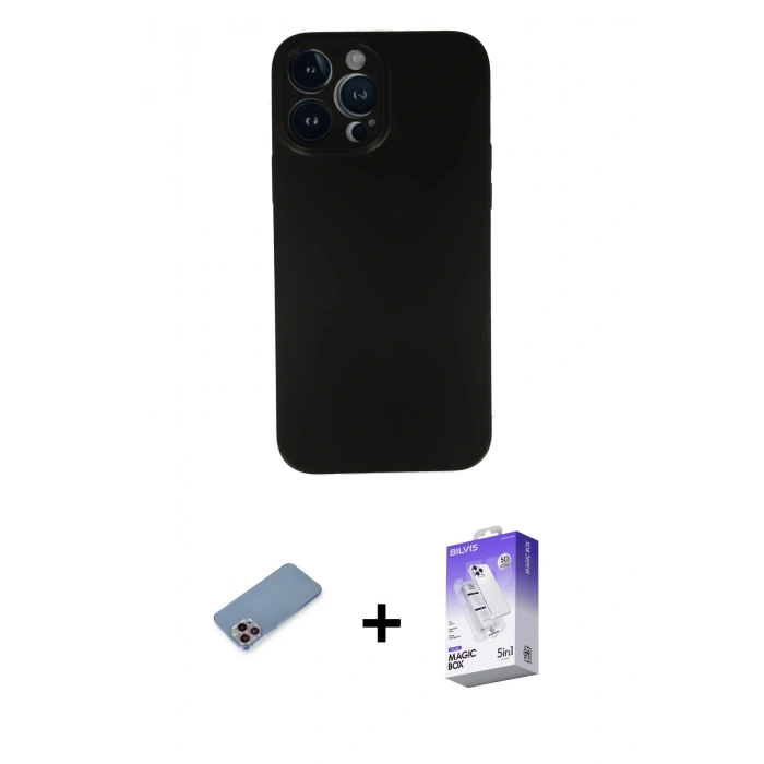 MARSİLYAN™- iPhone 13 Pro Max Kılıf Yadigar Yansıma Serisi - Siyah Bilvis 5in1 3D Magic Cam Ekran Koruyucu + Shine Kamera Lens Koruma Cam - PE