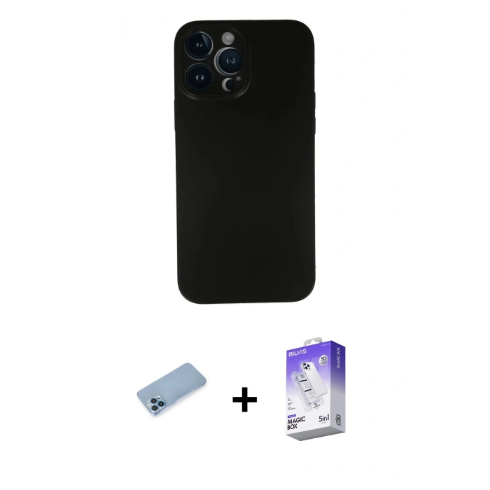 MARSİLYAN™- iPhone 13 Pro Max Kılıf Yadigar Yansıma Serisi - Siyah Bilvis 5in1 3D Magic Cam Ekran Koruyucu + Shine Kamera Lens Koruma Cam - MI
