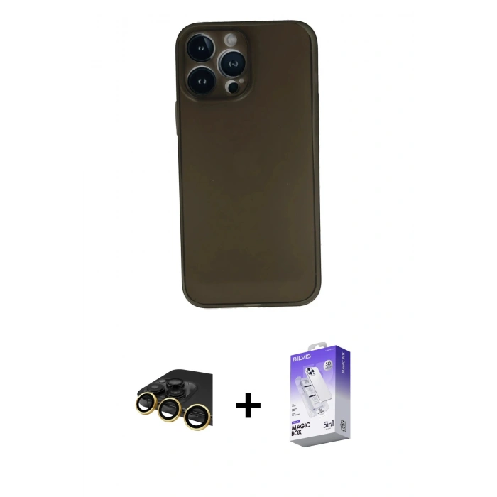 MARSİLYAN™- iPhone 13 Pro Max Kılıf Yadigar Yansıma Serisi - Siyah Bilvis 5in1 3D Magic Cam Ekran Koruyucu + Raze Metal Kamera Lens - GD