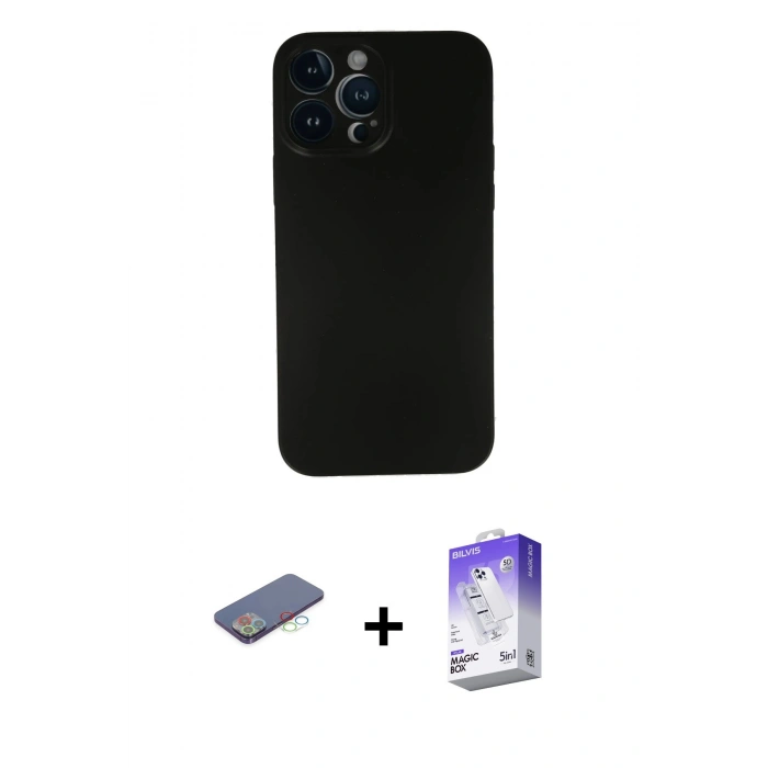 MARSİLYAN™- iPhone 13 Pro Max Kılıf Yadigar Yansıma Serisi - Siyah Bilvis 5in1 3D Magic Cam Ekran Koruyucu + Renkli Kamera Lens Koruma Cam - MI