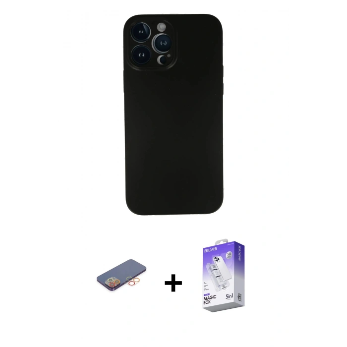 MARSİLYAN™- iPhone 13 Pro Max Kılıf Yadigar Yansıma Serisi - Siyah Bilvis 5in1 3D Magic Cam Ekran Koruyucu + Renkli Kamera Lens Koruma Cam - TU