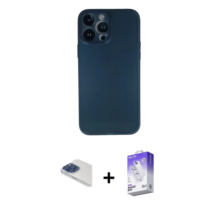 MARSİLYAN™- iPhone 13 Pro Max Kılıf Yadigar Yansıma Serisi - Siyah Bilvis 5in1 3D Magic Cam Ekran Koruyucu + Pers Alüminyum Kamera Lens - LT
