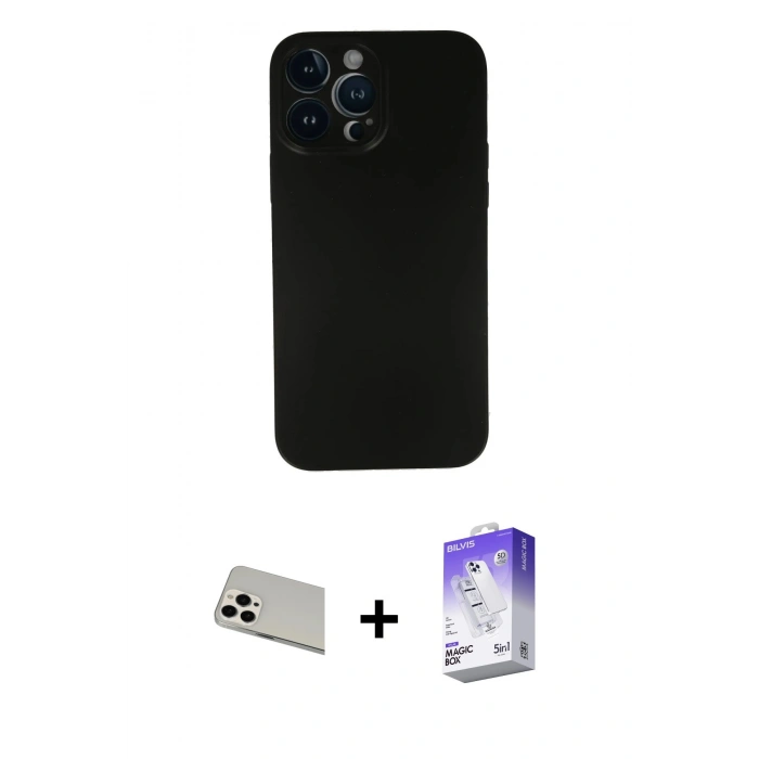 MARSİLYAN™- iPhone 13 Pro Max Kılıf Yadigar Yansıma Serisi - Siyah Bilvis 5in1 3D Magic Cam Ekran Koruyucu + Rainbow Kamera Lens Koruma Cam - BZ