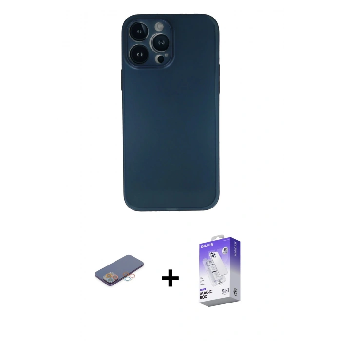 MARSİLYAN™- iPhone 13 Pro Max Kılıf Yadigar Yansıma Serisi - Siyah Bilvis 5in1 3D Magic Cam Ekran Koruyucu + Pembe Renkli Kamera Lens Koruma Cam
