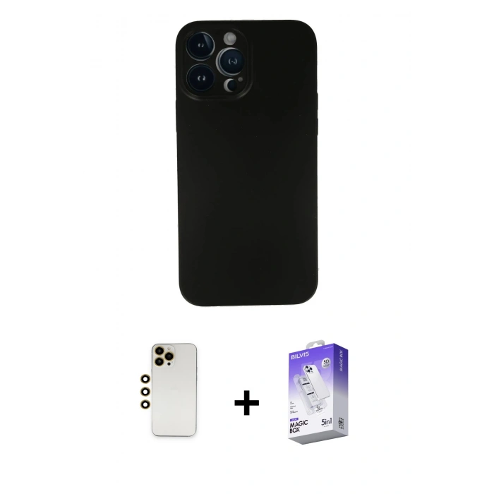 MARSİLYAN™- iPhone 13 Pro Max Kılıf Yadigar Yansıma Serisi - Siyah Bilvis 5in1 3D Magic Cam Ekran Koruyucu + Gold Shine Kamera Lens