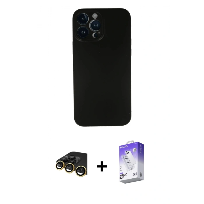 MARSİLYAN™- iPhone 13 Pro Max Kılıf Yadigar Yansıma Serisi - Siyah Bilvis 5in1 3D Magic Cam Ekran Koruyucu + Raze Metal Kamera Lens - GD