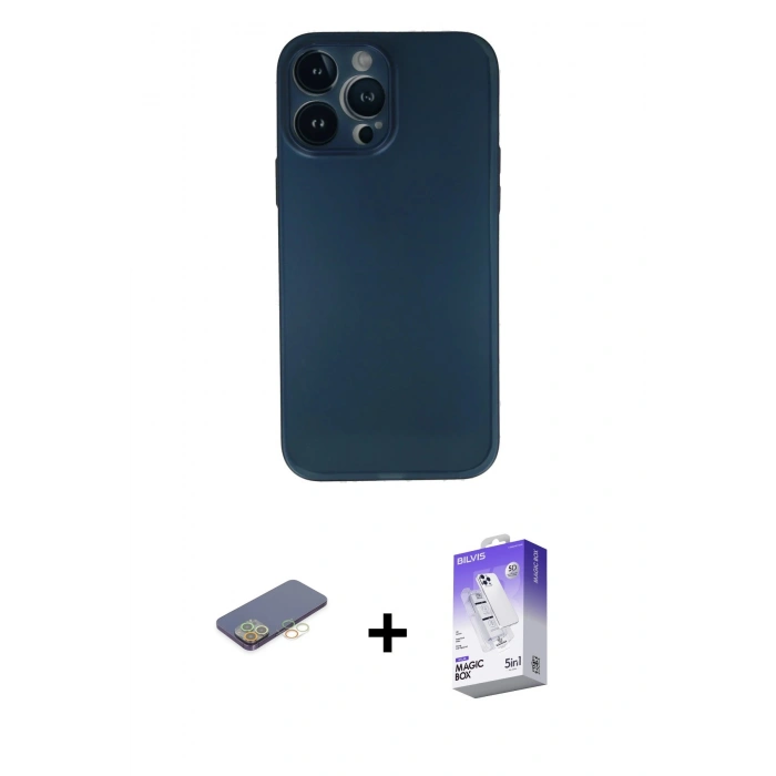 MARSİLYAN™- iPhone 13 Pro Max Kılıf Yadigar Yansıma Serisi - Siyah Bilvis 5in1 3D Magic Cam Ekran Koruyucu + Sarı Renkli Kamera Lens Koruma Cam
