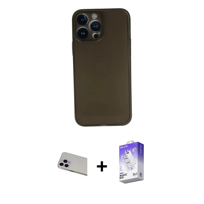 MARSİLYAN™- iPhone 13 Pro Max Kılıf Yadigar Yansıma Serisi - Siyah Bilvis 5in1 3D Magic Cam Ekran Koruyucu + Rainbow Kamera Lens Koruma Cam - MR