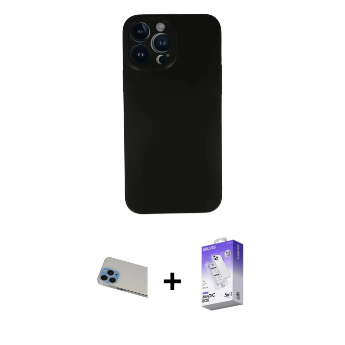 MARSİLYAN™- iPhone 13 Pro Max Kılıf Yadigar Yansıma Serisi - Siyah Bilvis 5in1 3D Magic Cam Ekran Koruyucu + Rainbow Kamera Lens Koruma Cam - MI
