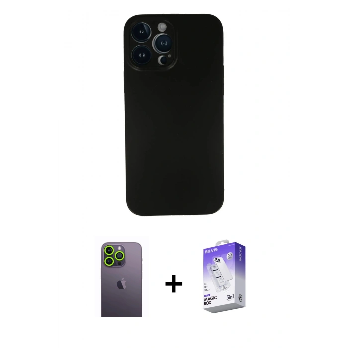 MARSİLYAN™- iPhone 13 Pro Max Kılıf Yadigar Yansıma Serisi - Siyah Bilvis 5in1 3D Magic Cam Ekran Koruyucu + Neon Fosforlu Kamera Lens - YL