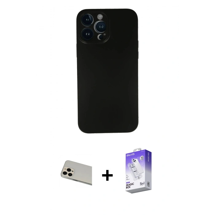 MARSİLYAN™- iPhone 13 Pro Max Kılıf Yadigar Yansıma Serisi - Siyah Bilvis 5in1 3D Magic Cam Ekran Koruyucu + Rainbow Kamera Lens Koruma Cam - REGD