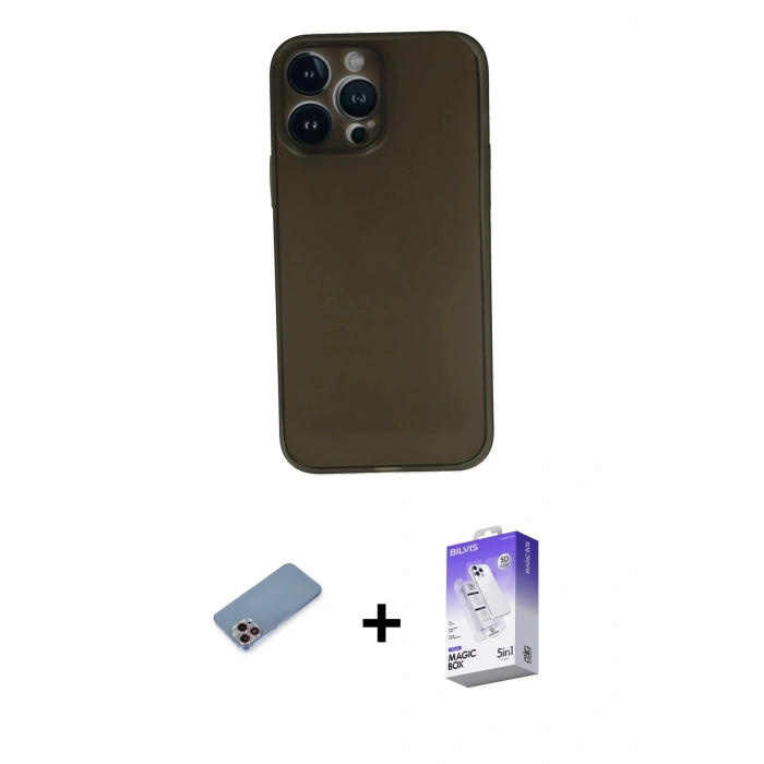 MARSİLYAN™- iPhone 13 Pro Max Kılıf Yadigar Yansıma Serisi - Siyah Bilvis 5in1 3D Magic Cam Ekran Koruyucu + Shine Kamera Lens Koruma Cam - PE