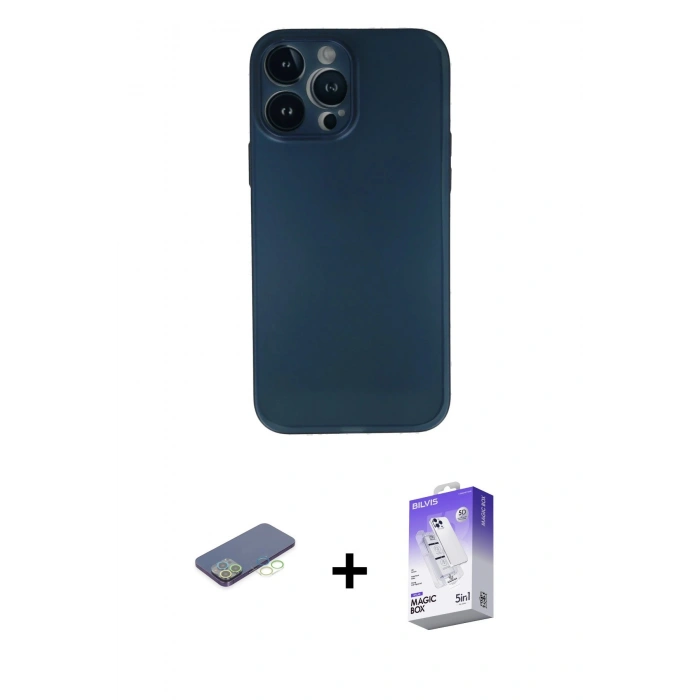 MARSİLYAN™- iPhone 13 Pro Max Kılıf Yadigar Yansıma Serisi - Siyah Bilvis 5in1 3D Magic Cam Ekran Koruyucu + Renkli Kamera Lens Koruma Cam - YL
