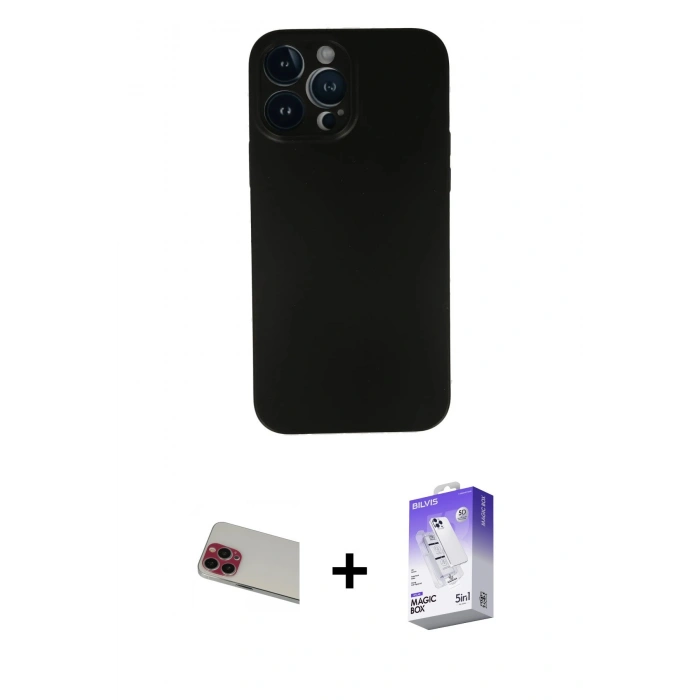 MARSİLYAN™- iPhone 13 Pro Max Kılıf Yadigar Yansıma Serisi - Siyah Bilvis 5in1 3D Magic Cam Ekran Koruyucu + Rainbow Kamera Lens Koruma Cam - KI