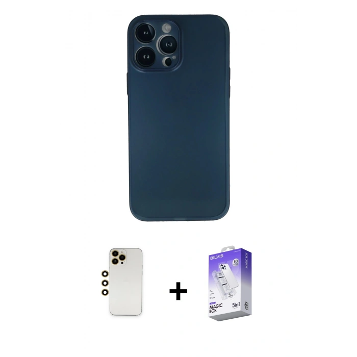MARSİLYAN™- iPhone 13 Pro Max Kılıf Yadigar Yansıma Serisi - Siyah Bilvis 5in1 3D Magic Cam Ekran Koruyucu + Gold Shine Kamera Lens