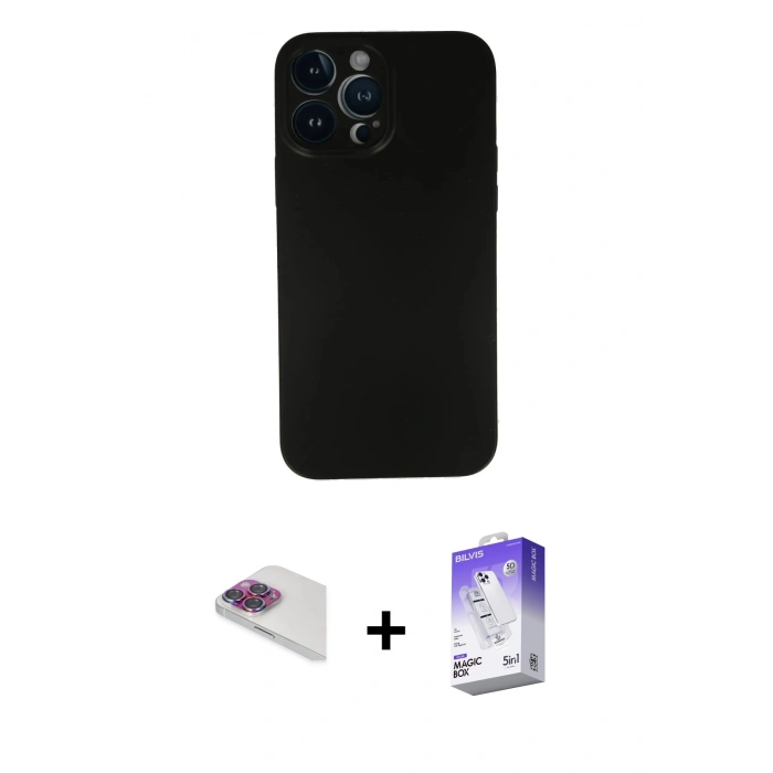 MARSİLYAN™- iPhone 13 Pro Max Kılıf Yadigar Yansıma Serisi - Siyah Bilvis 5in1 3D Magic Cam Ekran Koruyucu + Pers Alüminyum Kamera Lens - GI