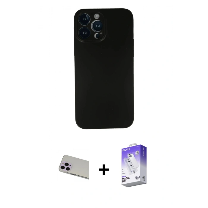 MARSİLYAN™- iPhone 13 Pro Max Kılıf Yadigar Yansıma Serisi - Siyah Bilvis 5in1 3D Magic Cam Ekran Koruyucu + Rainbow Kamera Lens Koruma Cam - MR