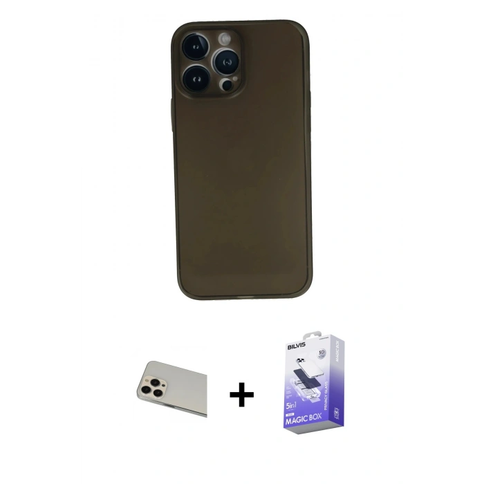MARSİLYAN™- iPhone 13 Pro Max Kılıf Yadigar Yansıma Serisi - Siyah Bilvis 5in1 5D Magic Hayalet Cam Ekran Koruyucu + Rainbow Kamera Lens Koruma Cam - REGD