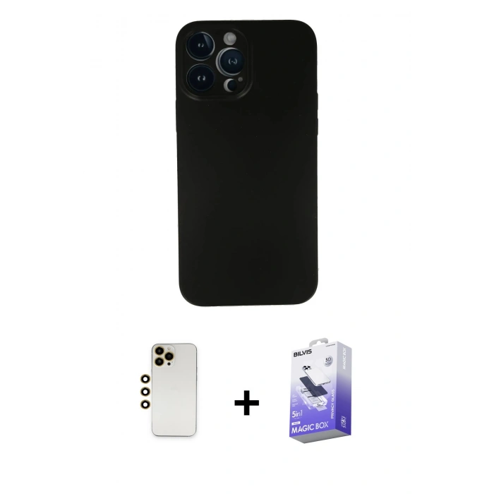 MARSİLYAN™- iPhone 13 Pro Max Kılıf Yadigar Yansıma Serisi - Siyah Bilvis 5in1 5D Magic Hayalet Cam Ekran Koruyucu + Shine Kamera Lens - GD