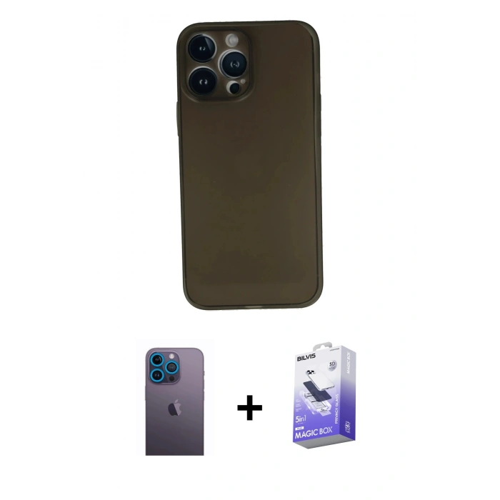 MARSİLYAN™- iPhone 13 Pro Max Kılıf Yadigar Yansıma Serisi - Siyah Bilvis 5in1 5D Magic Hayalet Cam Ekran Koruyucu + Mavi Neon Fosforlu Kamera Lens