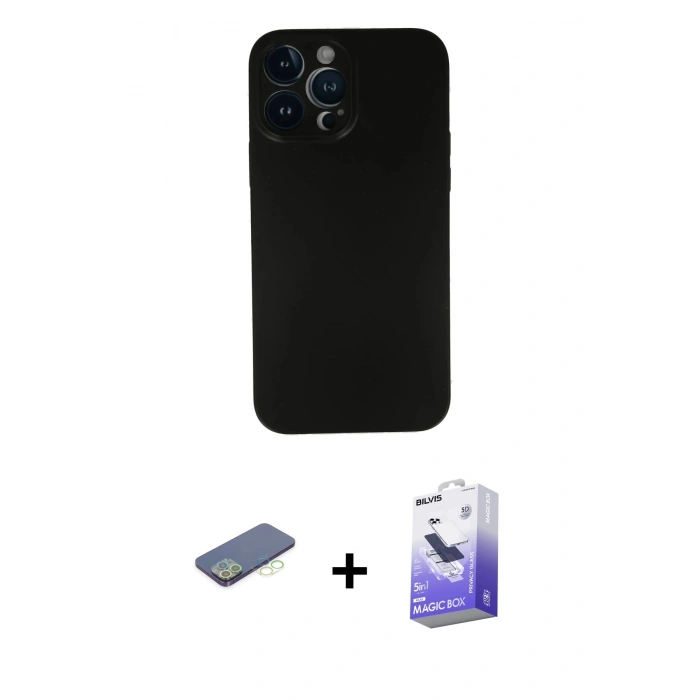 MARSİLYAN™- iPhone 13 Pro Max Kılıf Yadigar Yansıma Serisi - Siyah Bilvis 5in1 5D Magic Hayalet Cam Ekran Koruyucu + Renkli Kamera Lens Koruma Cam - YL