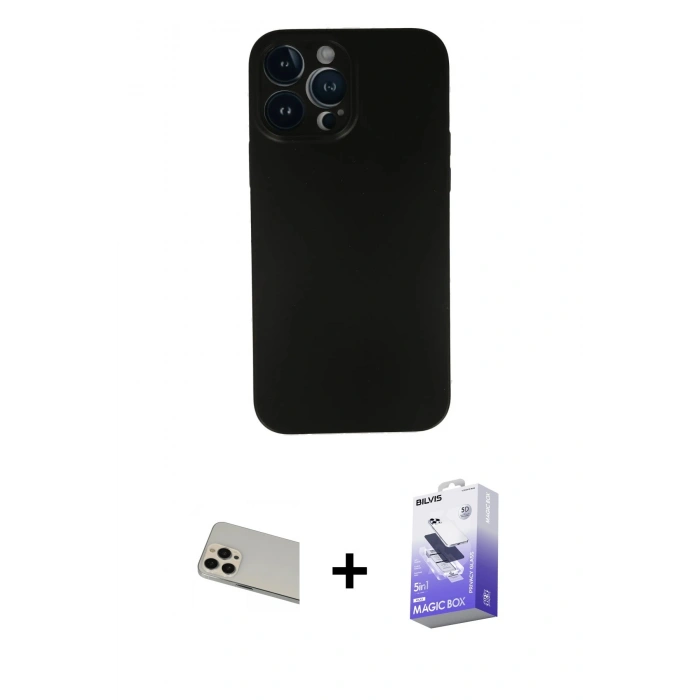 MARSİLYAN™- iPhone 13 Pro Max Kılıf Yadigar Yansıma Serisi - Siyah Bilvis 5in1 5D Magic Hayalet Cam Ekran Koruyucu + Rainbow Kamera Lens Koruma Cam - REGD