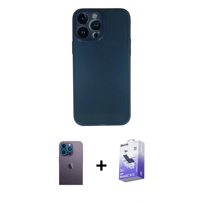 MARSİLYAN™- iPhone 13 Pro Max Kılıf Yadigar Yansıma Serisi - Siyah Bilvis 5in1 5D Magic Hayalet Cam Ekran Koruyucu + Mavi Neon Fosforlu Kamera Lens