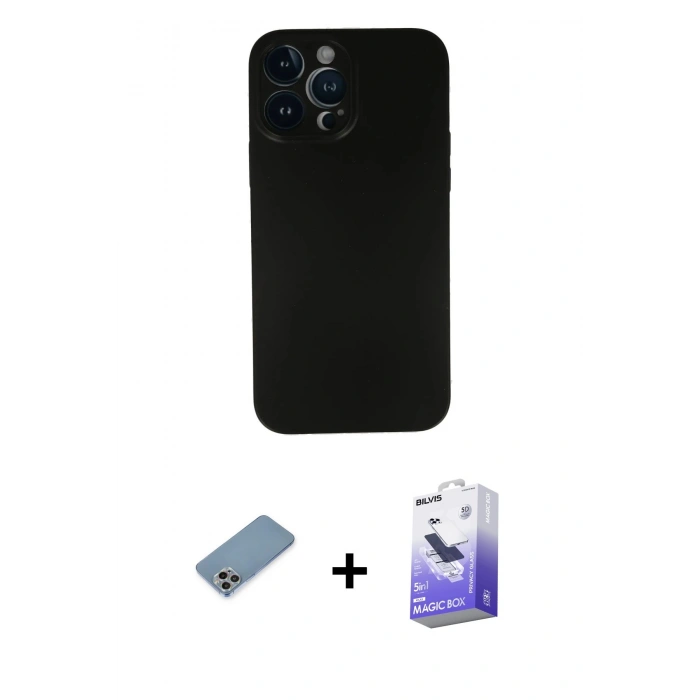 MARSİLYAN™- iPhone 13 Pro Max Kılıf Yadigar Yansıma Serisi - Siyah Bilvis 5in1 5D Magic Hayalet Cam Ekran Koruyucu + Shine Kamera Lens Koruma Cam - GI