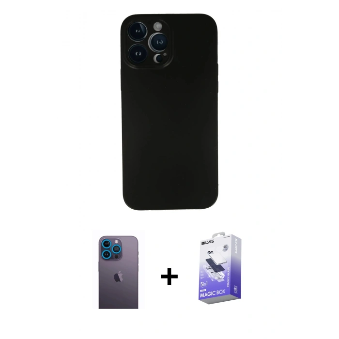 MARSİLYAN™- iPhone 13 Pro Max Kılıf Yadigar Yansıma Serisi - Siyah Bilvis 5in1 5D Magic Hayalet Cam Ekran Koruyucu + Mavi Neon Fosforlu Kamera Lens