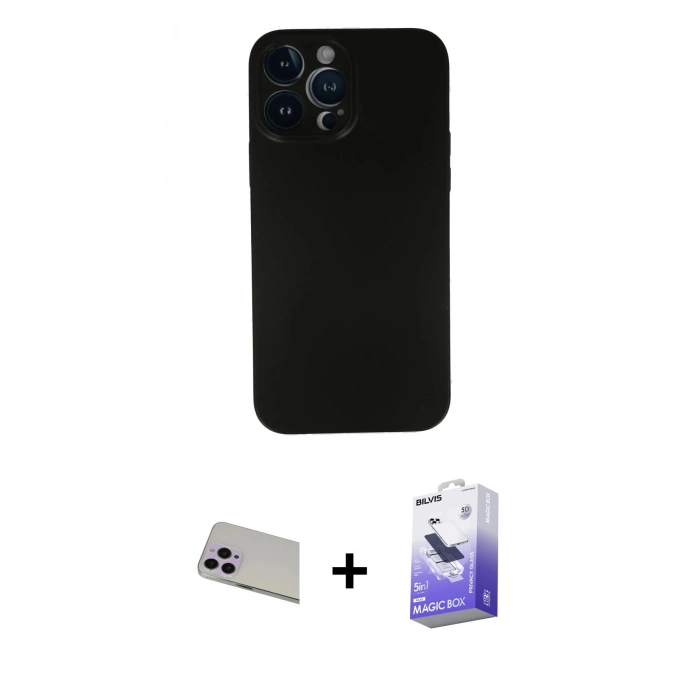 MARSİLYAN™- iPhone 13 Pro Max Kılıf Yadigar Yansıma Serisi - Siyah Bilvis 5in1 5D Magic Hayalet Cam Ekran Koruyucu + Rainbow Kamera Lens Koruma Cam - MR
