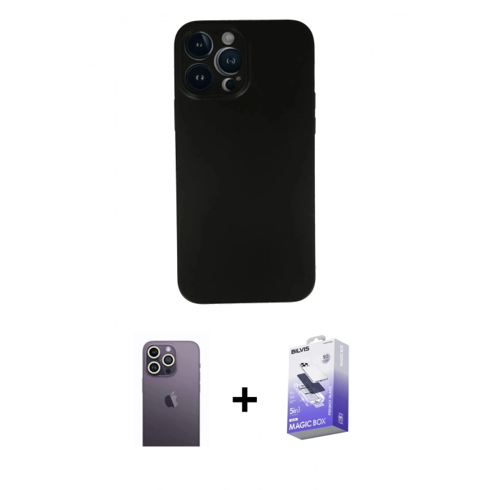 MARSİLYAN™- iPhone 13 Pro Max Kılıf Yadigar Yansıma Serisi - Siyah Bilvis 5in1 5D Magic Hayalet Cam Ekran Koruyucu + Neon Fosforlu Kamera Lens - BZ