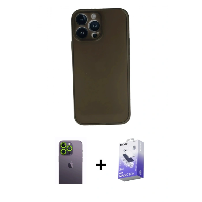 MARSİLYAN™- iPhone 13 Pro Max Kılıf Yadigar Yansıma Serisi - Siyah Bilvis 5in1 5D Magic Hayalet Cam Ekran Koruyucu + Neon Fosforlu Kamera Lens - YL