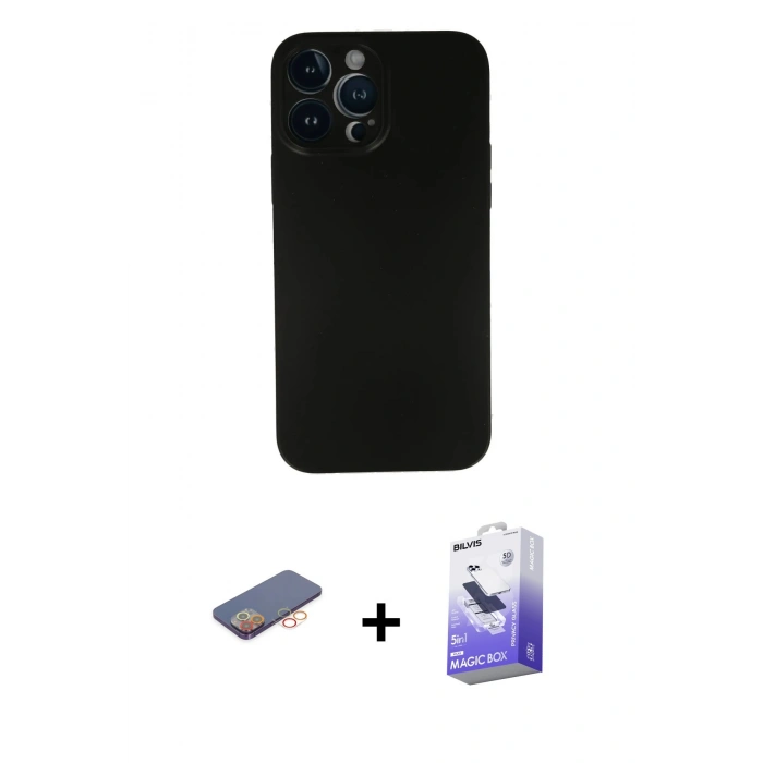MARSİLYAN™- iPhone 13 Pro Max Kılıf Yadigar Yansıma Serisi - Siyah Bilvis 5in1 5D Magic Hayalet Cam Ekran Koruyucu + Renkli Kamera Lens Koruma Cam - TU