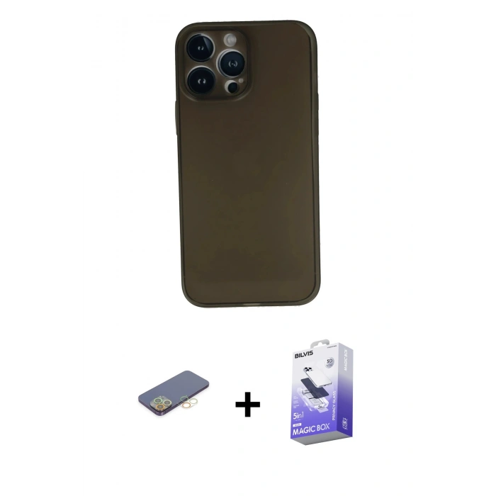 MARSİLYAN™- iPhone 13 Pro Max Kılıf Yadigar Yansıma Serisi - Siyah Bilvis 5in1 5D Magic Hayalet Cam Ekran Koruyucu + Renkli Kamera Lens Koruma Cam - SI