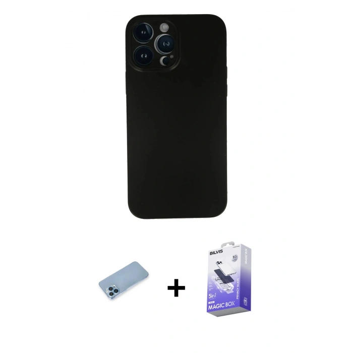 MARSİLYAN™- iPhone 13 Pro Max Kılıf Yadigar Yansıma Serisi - Siyah Bilvis 5in1 5D Magic Hayalet Cam Ekran Koruyucu + Shine Kamera Lens Koruma Cam - MI