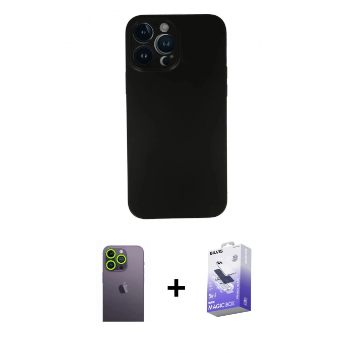 MARSİLYAN™- iPhone 13 Pro Max Kılıf Yadigar Yansıma Serisi - Siyah Bilvis 5in1 5D Magic Hayalet Cam Ekran Koruyucu + Neon Fosforlu Kamera Lens - YL