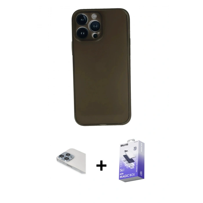 MARSİLYAN™- iPhone 13 Pro Max Kılıf Yadigar Yansıma Serisi - Siyah Bilvis 5in1 5D Magic Hayalet Cam Ekran Koruyucu + Sierra Blue Pers Alüminyum Kamera Lens