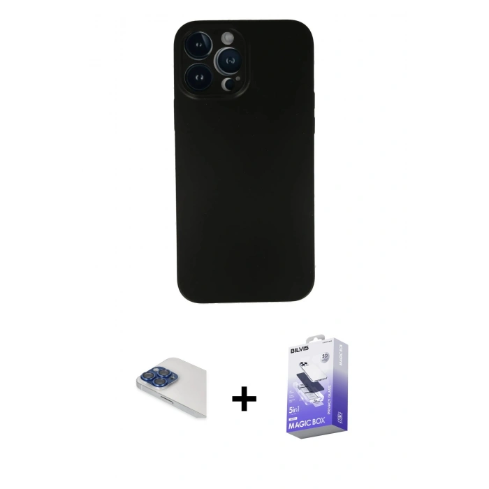 MARSİLYAN™- iPhone 13 Pro Max Kılıf Yadigar Yansıma Serisi - Siyah Bilvis 5in1 5D Magic Hayalet Cam Ekran Koruyucu + Pers Alüminyum Kamera Lens - LT