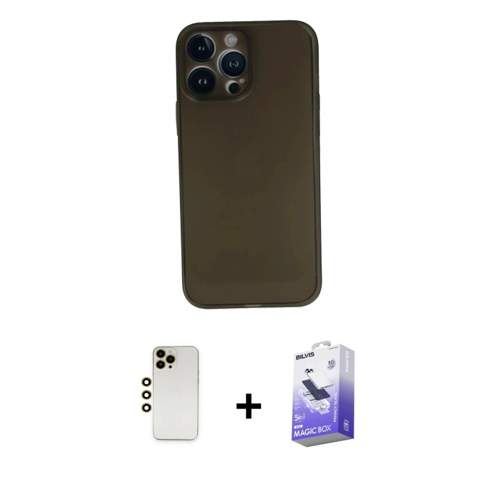 MARSİLYAN™- iPhone 13 Pro Max Kılıf Yadigar Yansıma Serisi - Siyah Bilvis 5in1 5D Magic Hayalet Cam Ekran Koruyucu + Shine Kamera Lens - GD