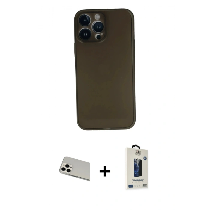 MARSİLYAN™- iPhone 13 Pro Max Kılıf Yadigar Yansıma Serisi - Siyah Bilvis Hayalet Cam Ekran Koruyucu + Rainbow Kamera Lens Koruma Cam - BZ