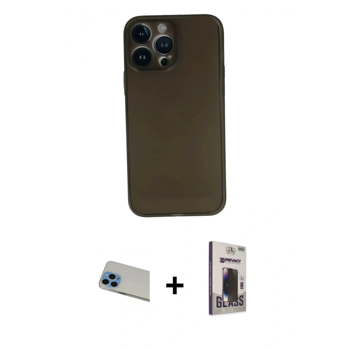 MARSİLYAN™- iPhone 13 Pro Max Kılıf Yadigar Yansıma Serisi - Siyah Bilvis Hayalet Cam Ekran Koruyucu + Rainbow Kamera Lens Koruma Cam - MI