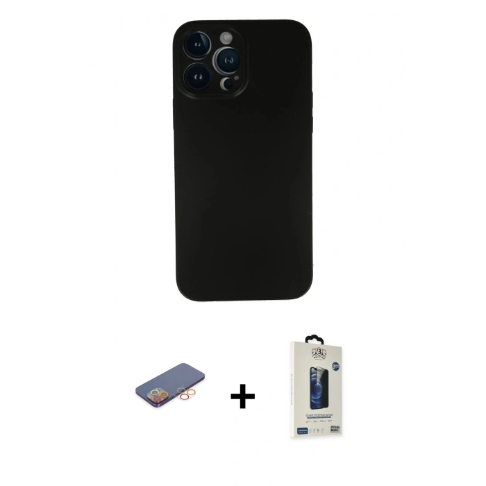 MARSİLYAN™- iPhone 13 Pro Max Kılıf Yadigar Yansıma Serisi - Siyah Bilvis Hayalet Cam Ekran Koruyucu + Renkli Kamera Lens Koruma Cam - TU
