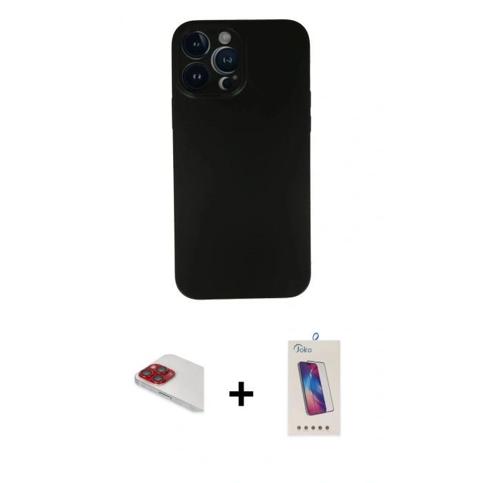 MARSİLYAN™- iPhone 13 Pro Max Kılıf Yadigar Yansıma Serisi - Siyah Joko 5D Cam + Kırmızı Pers Alüminyum Kamera Lens