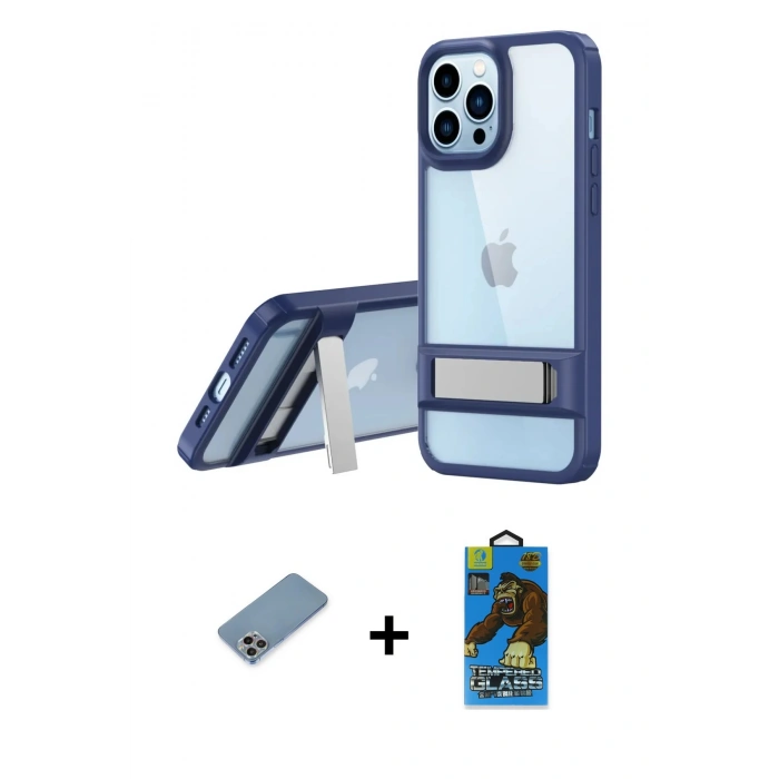 MARSİLYAN™- iPhone 13 Pro Max Kılıf Yadigar Yansıma - Siyah 18D Cam Ekran Koruyucu + Shine Kamera Lens Koruma Cam - GI