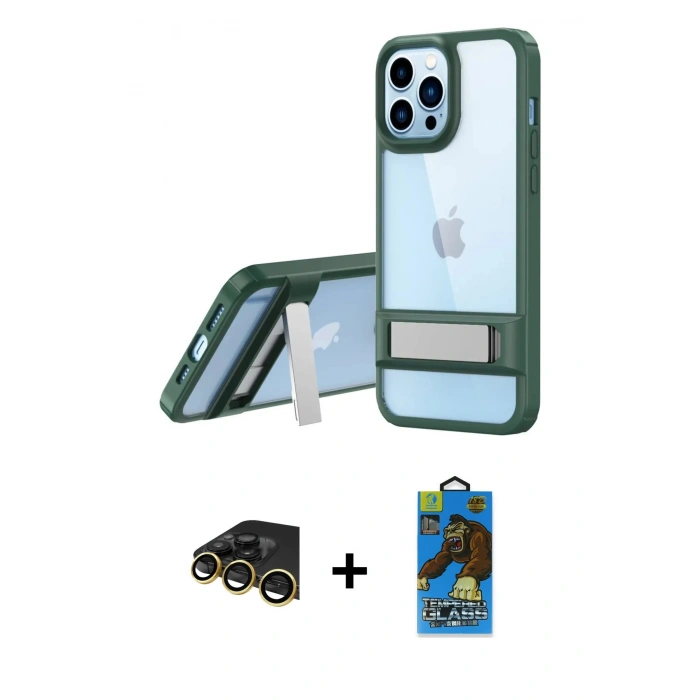 MARSİLYAN™- iPhone 13 Pro Max Kılıf Yadigar Yansıma - Siyah 18D Cam Ekran Koruyucu + Raze Metal Kamera Lens - GD