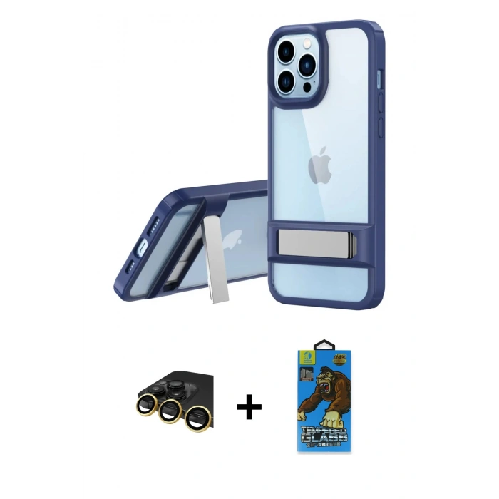 MARSİLYAN™- iPhone 13 Pro Max Kılıf Yadigar Yansıma - Siyah 18D Cam Ekran Koruyucu + Raze Metal Kamera Lens - GD