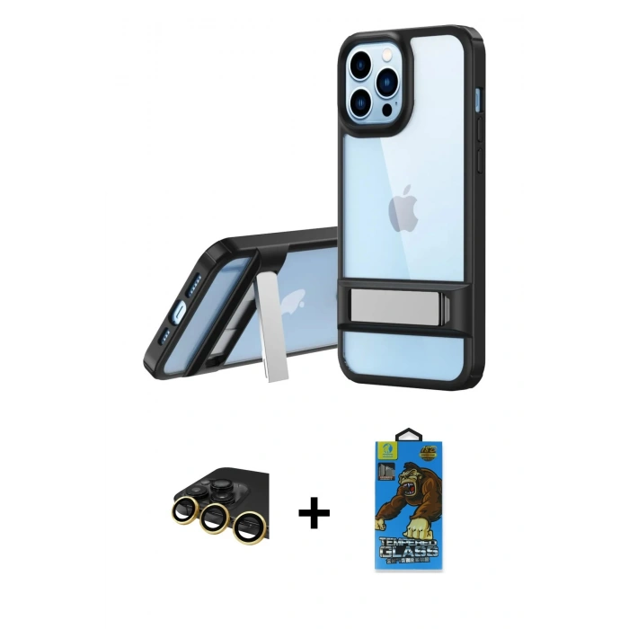MARSİLYAN™- iPhone 13 Pro Max Kılıf Yadigar Yansıma - Siyah 18D Cam Ekran Koruyucu + Raze Metal Kamera Lens - GD