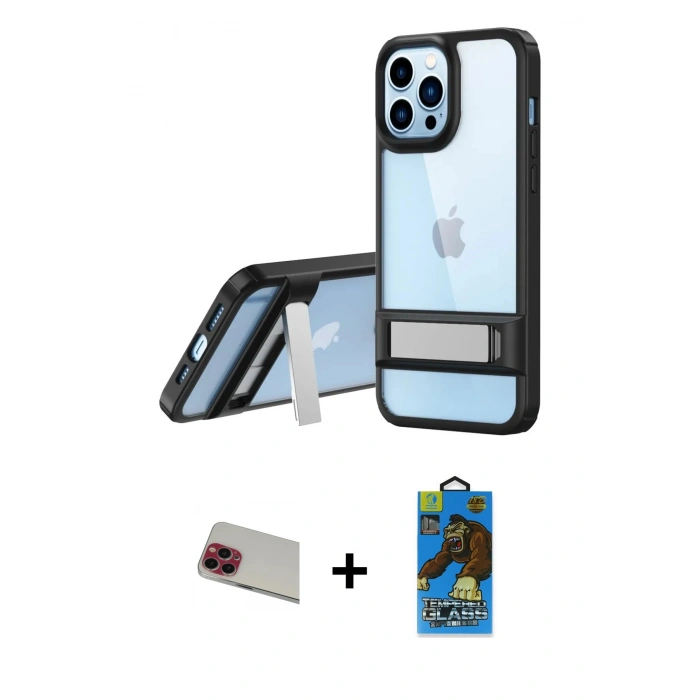 MARSİLYAN™- iPhone 13 Pro Max Kılıf Yadigar Yansıma - Siyah 18D Cam Ekran Koruyucu + Kırmızı Rainbow Kamera Lens Koruma Cam