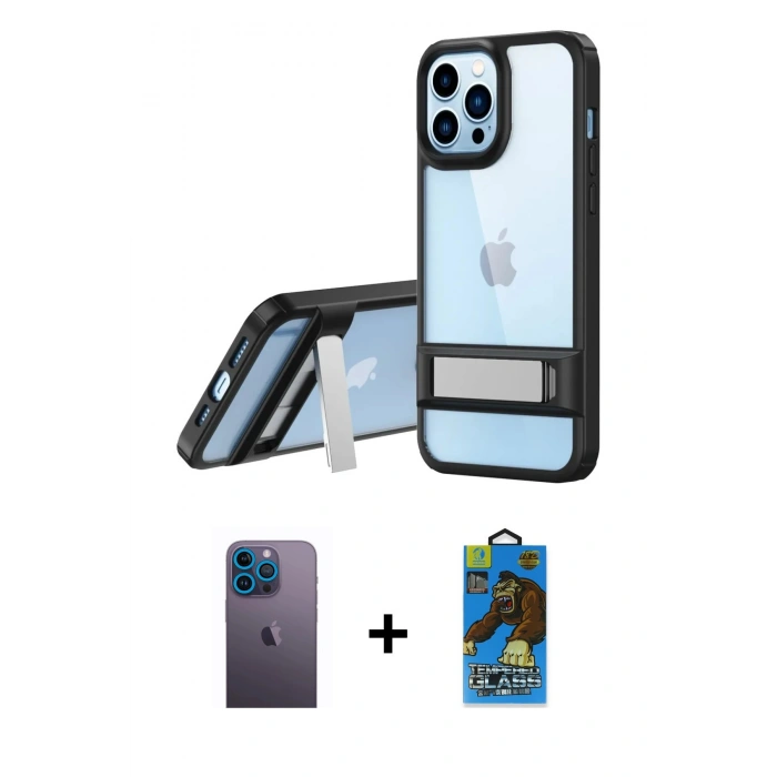 MARSİLYAN™- iPhone 13 Pro Max Kılıf Yadigar Yansıma - Siyah 18D Cam Ekran Koruyucu + Neon Fosforlu Kamera Lens - MI