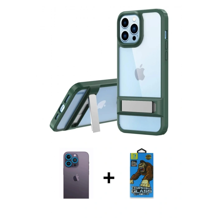 MARSİLYAN™- iPhone 13 Pro Max Kılıf Yadigar Yansıma - Siyah 18D Cam Ekran Koruyucu + Neon Fosforlu Kamera Lens - MI